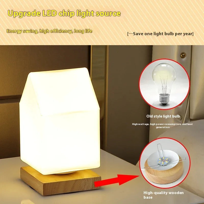 Nordic solid wood USB table lamp with touch dimming, 150x180mm size, and white light shapes on a bedside table