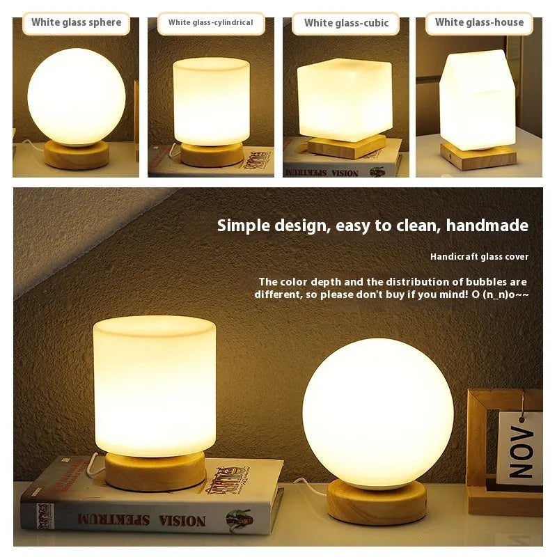 Nordic Solid Wood Decoration USB Table Lamp: Plug-in bedside light with 150x180mm dimensions, offering touch-controlled dimming and a choice of five white light shapes for ambient bedroom illumination.