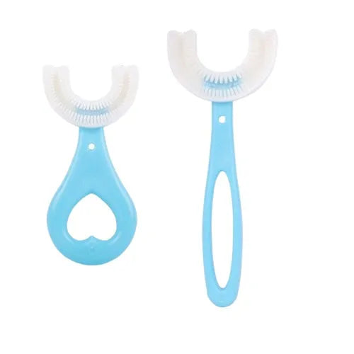 Children's U-shaped soft rubber toothbrush in pink and blue colours.