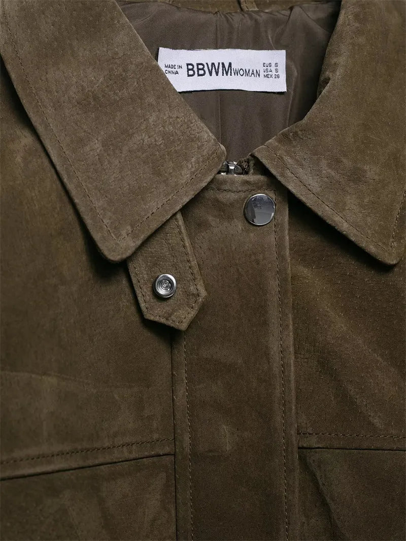 Women's picture colour PU jacket coat in a Japanese Korean casual style, shown on a hanger.