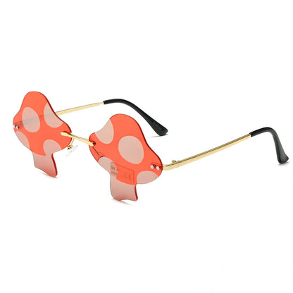 Rimless sunglasses with blue lenses and gold metal frames showing Class 3 protection and adjustable ports