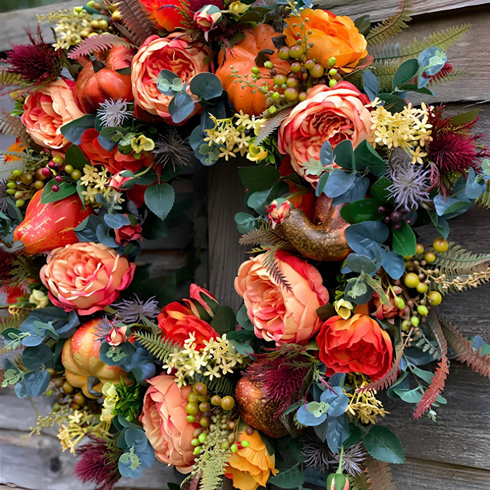 Plastic autumn peony Halloween wreath measuring 40x40cm with harvest-themed design