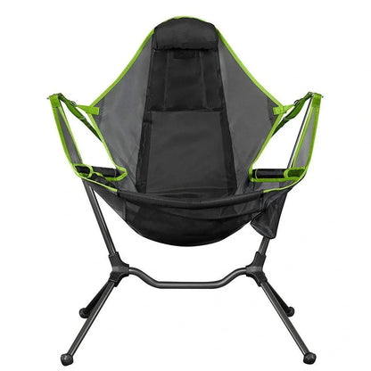 Green outdoor folding rocking chair with aluminium frame in unfolded position