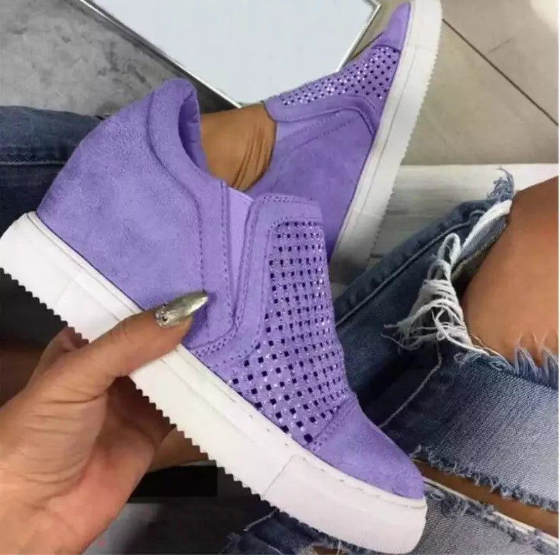 Idle Rhinestone Hollow Loafers for Women in black, purple, grey, and light blue with high heel and waterproof platform