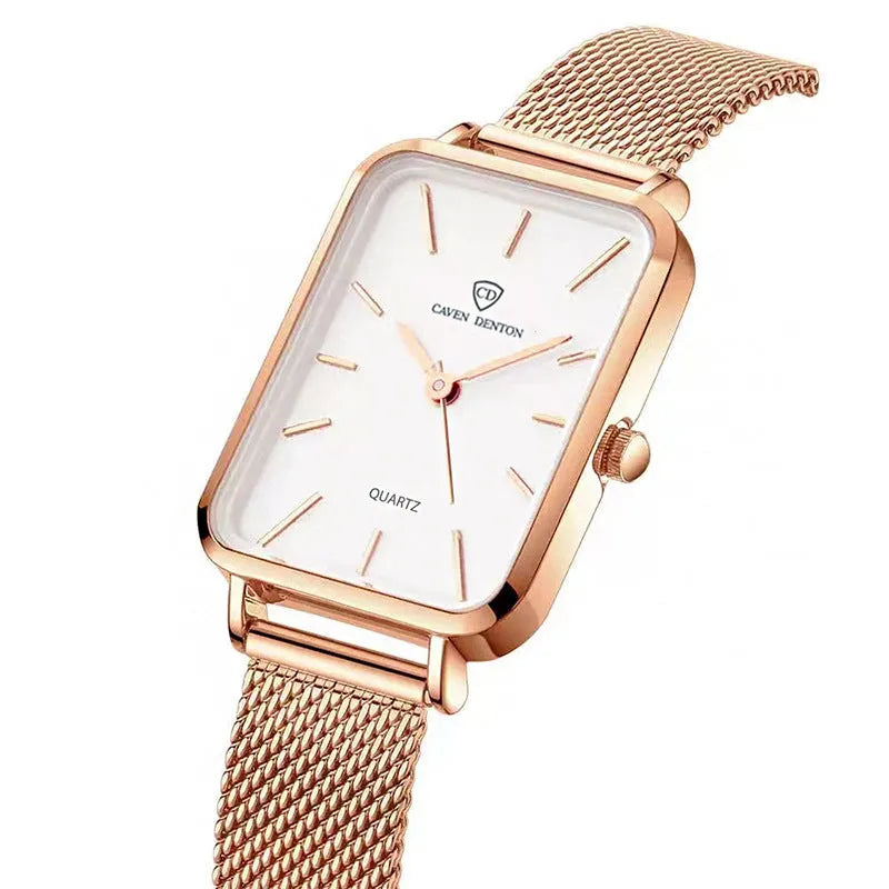 Women's waterproof quartz watch with rose gold alloy case and woven steel strap on wrist