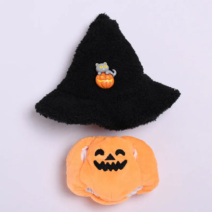 Halloween pumpkin doll clothes with black hat, plush two-piece set, shown as doll clothing and car or curtain decoration.