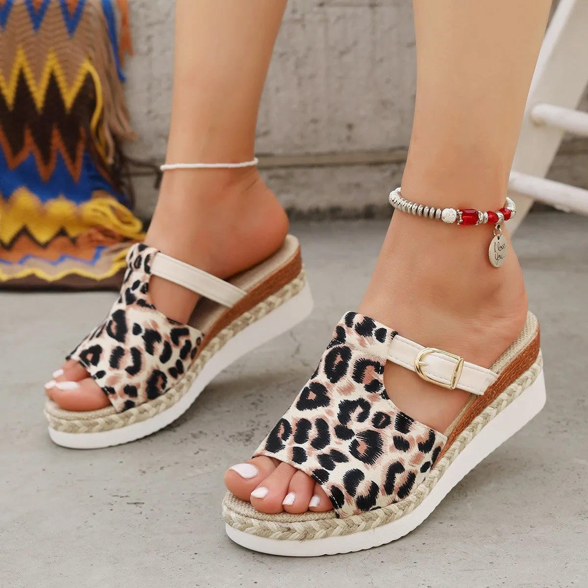 Leopard print wedge platform sandals with a fish mouth toe, shown in light green colour.