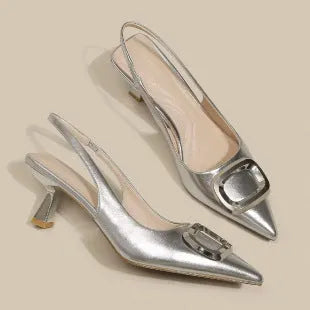 Pointed toe high heels with French square buckle, microfiber upper, rubber sole, sizes 35-39