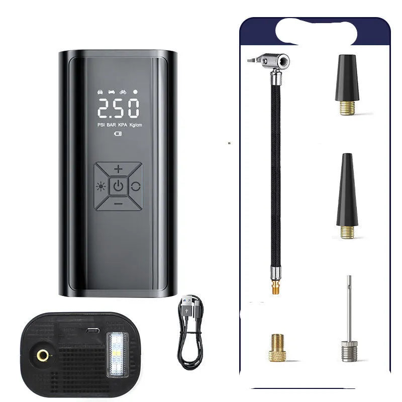 Portable wireless digital display car tyre pump with LED lighting and flexible inflatable tube