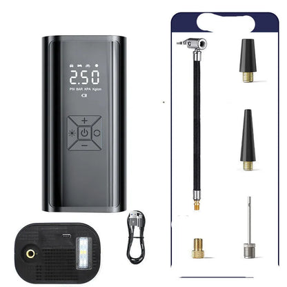 Portable wireless digital display car tyre pump with LED lighting and flexible inflatable tube
