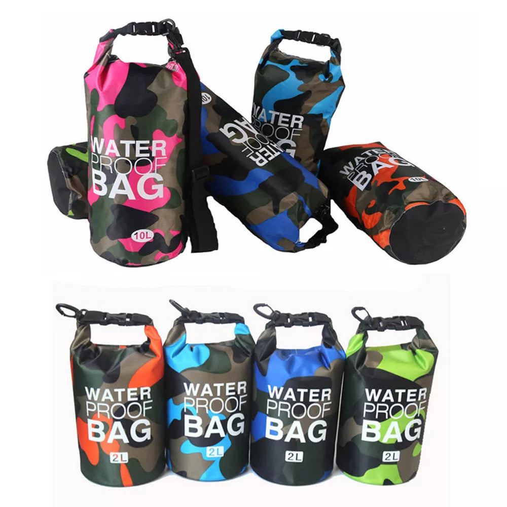 Camouflage polyester waterproof bag with PVC for outdoor activities, available in multiple colors and sizes.