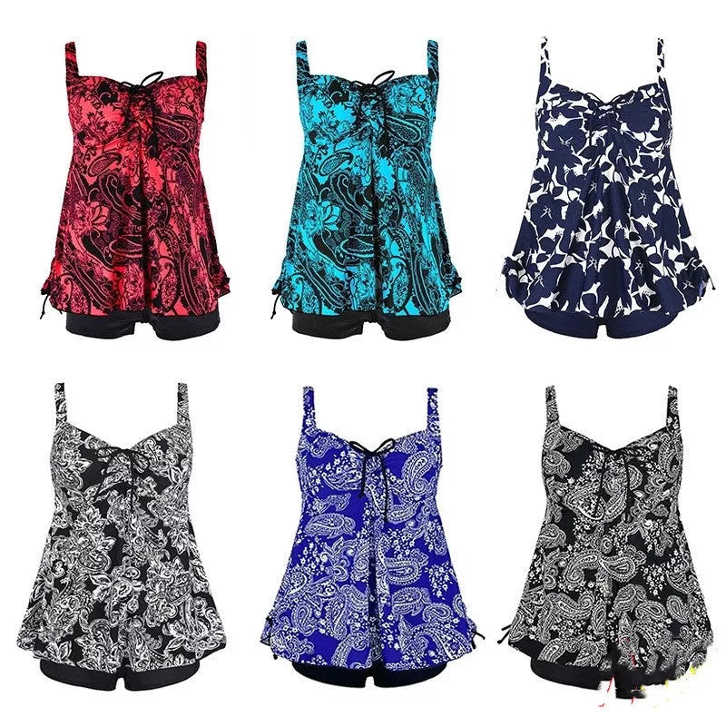 Plus size women's 2-piece swimwear set in leaf green, blue, or red