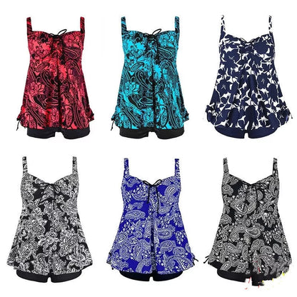 Plus size women's 2-piece swimwear set in leaf green, blue, or red