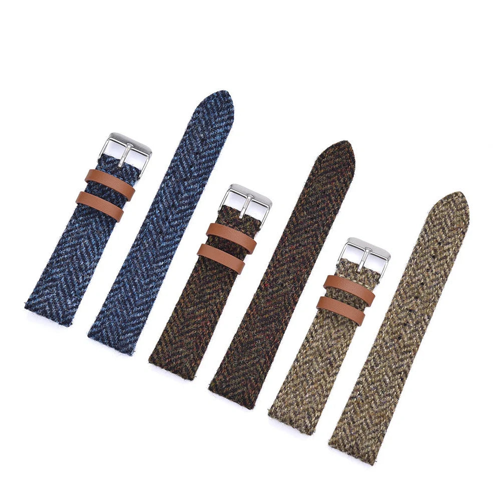 Harris woolen fabric watch strap with stainless steel buckle in blue, brown, khaki or green