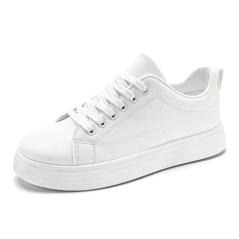 Men's low top casual sneakers in Korean style, shown in black, white, and two-tone colour options on a rubber sole.