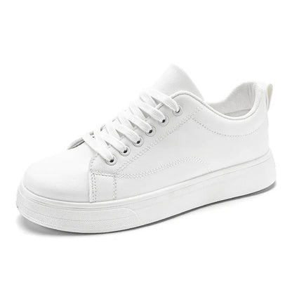 Men's low top casual sneakers in Korean style, shown in black, white, and two-tone colour options on a rubber sole.