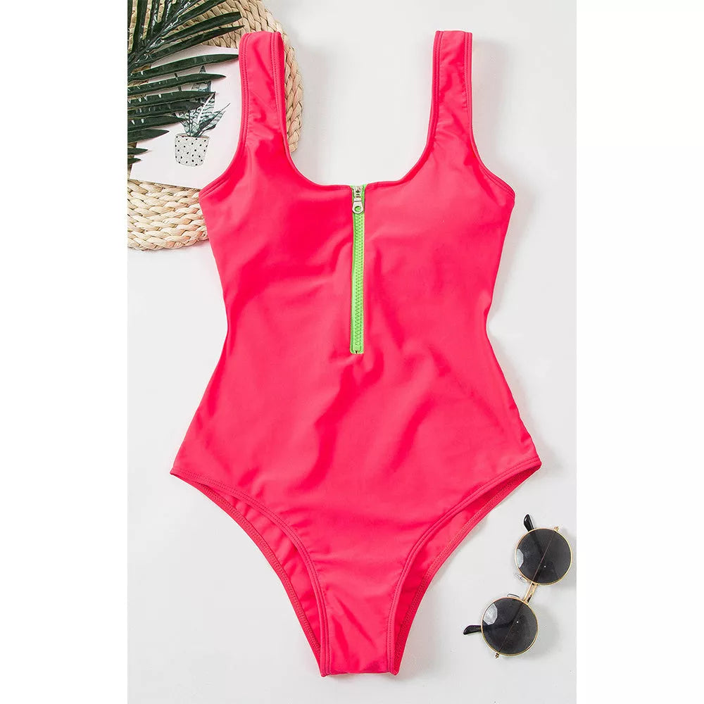 Ladies one-piece swimsuit with front zipper and printed design in various colors