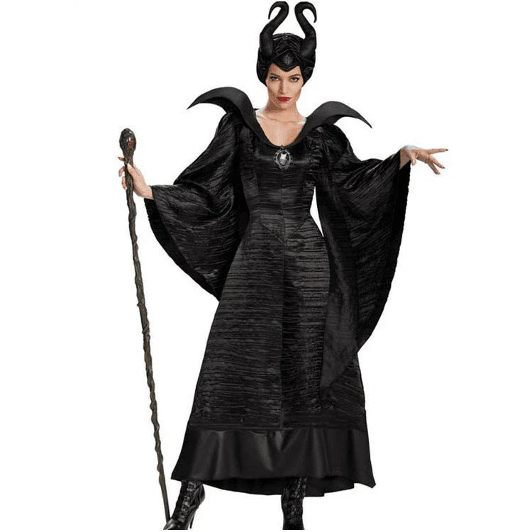 Maleficent-inspired Halloween costume featuring an elegant dress and dramatic cape design