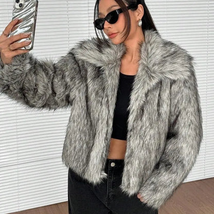 Women's artificial fox fur coat with fur collar in short 40cm length