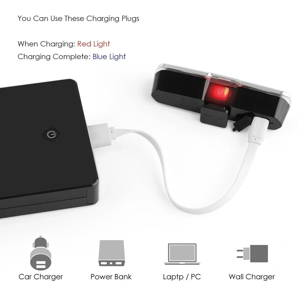 USB rechargeable red and blue mountain bike taillight with compact design and multiple lighting modes