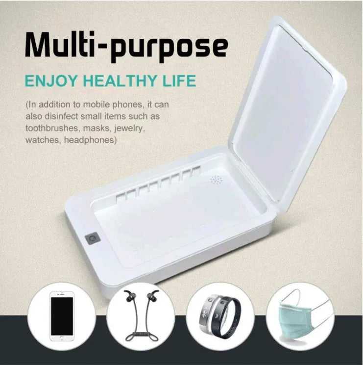 Phone steriliser and UV sanitising box with magnetic control switch for mobile devices up to 6.5 inches, suitable for masks, jewellery and small items, featuring purple LED lighting and touch-sensitive operation in a compact ABS plastic case