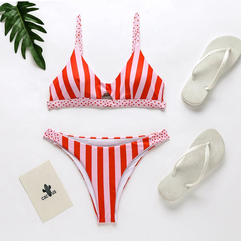 Women's bikini set in black and white dots or red and white stripes, sizes S to XL, polyester fabric for swimming.