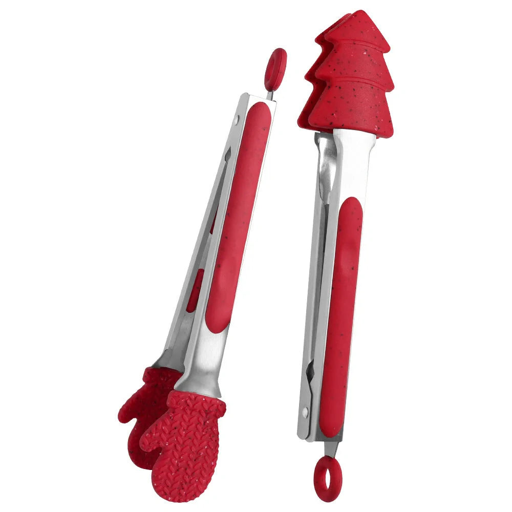Christmas-themed silicone kitchen tongs set with locking clip for BBQ and bread