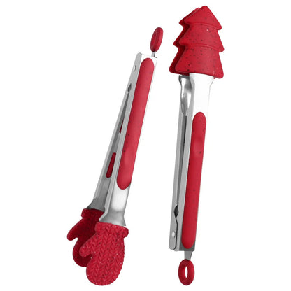 Christmas-themed silicone kitchen tongs set with locking clip for BBQ and bread