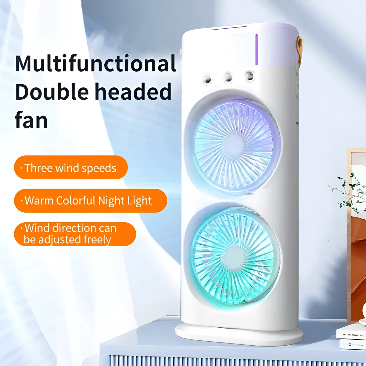 White portable humidifier fan with double heads and remote control on a table