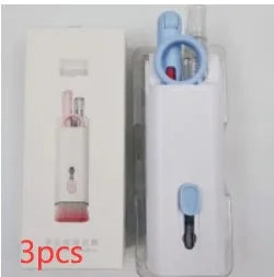 Multifunctional white cleaning pen kit open to show silicone tip, brush, keycap puller, and spray bottle for electronics.