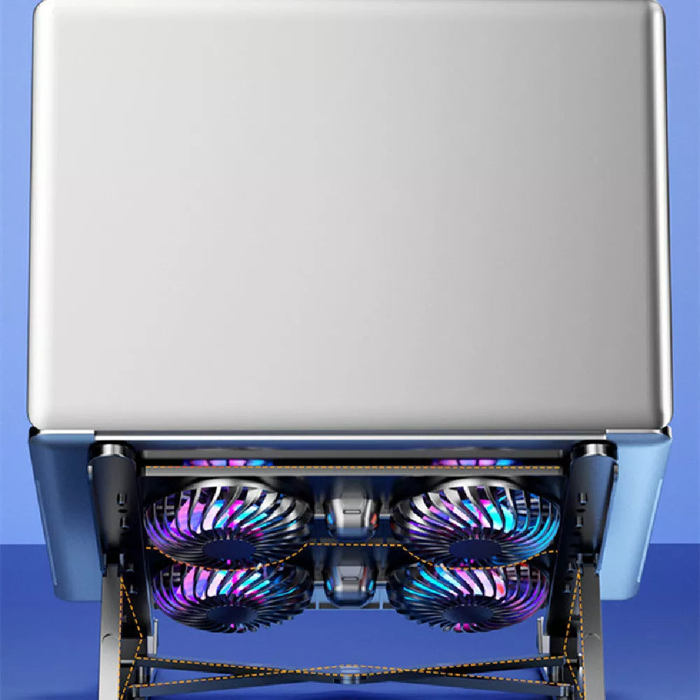 Folding laptop stand with silent cooling fan in black and white