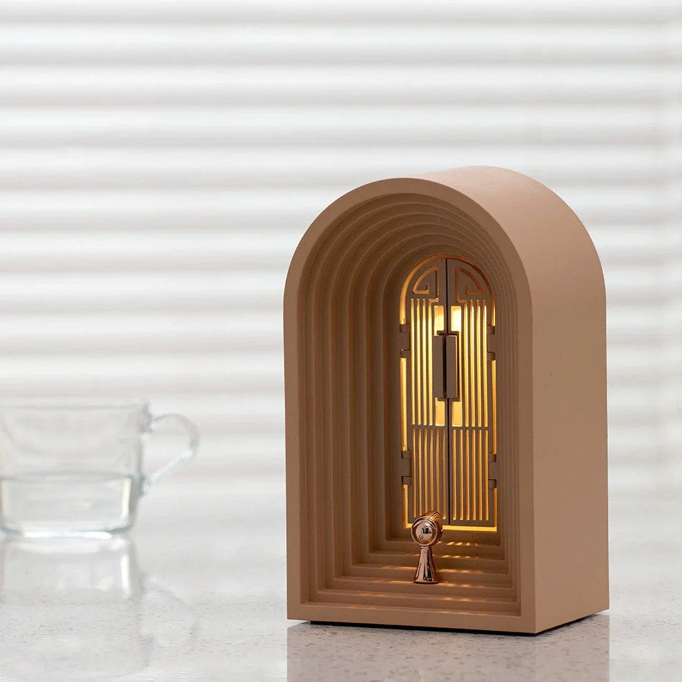 Nordic LED table lamp in grey with Bluetooth speaker, dimmable warm white light, 124x90x205mm dimensions