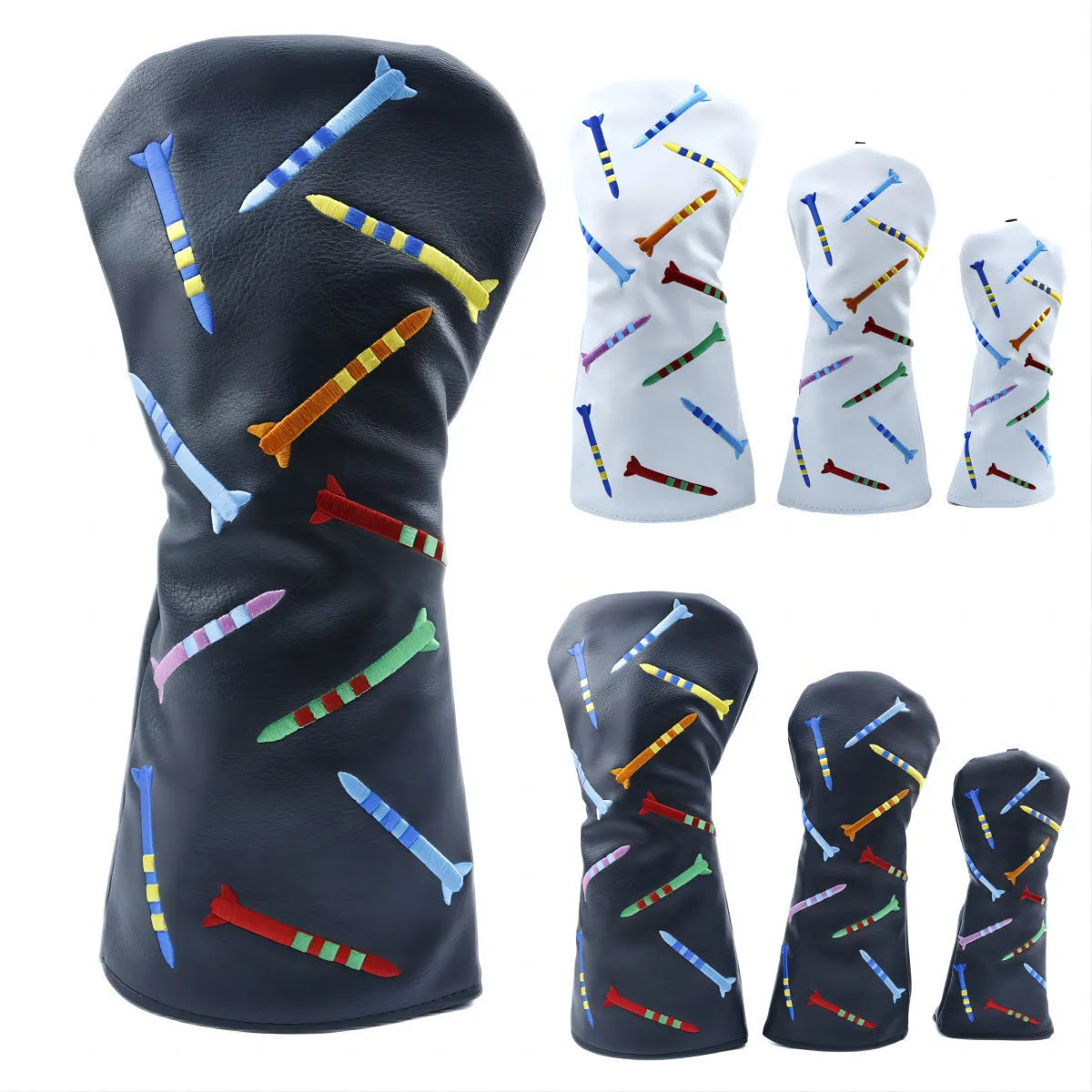 Golf club wooden pole sets in black and white colours, showing large, medium, and small size options with PU material construction