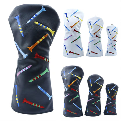 Golf club wooden pole sets in black and white colours, showing large, medium, and small size options with PU material construction