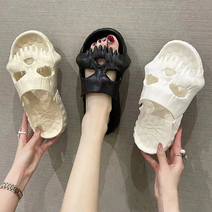 Spooky skull-printed slide sandals in various colors and sizes