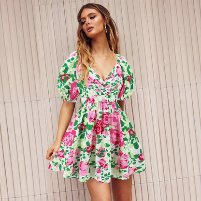 Floral lantern sleeve dress in various vibrant colors, perfect for summer vacations and beach activities