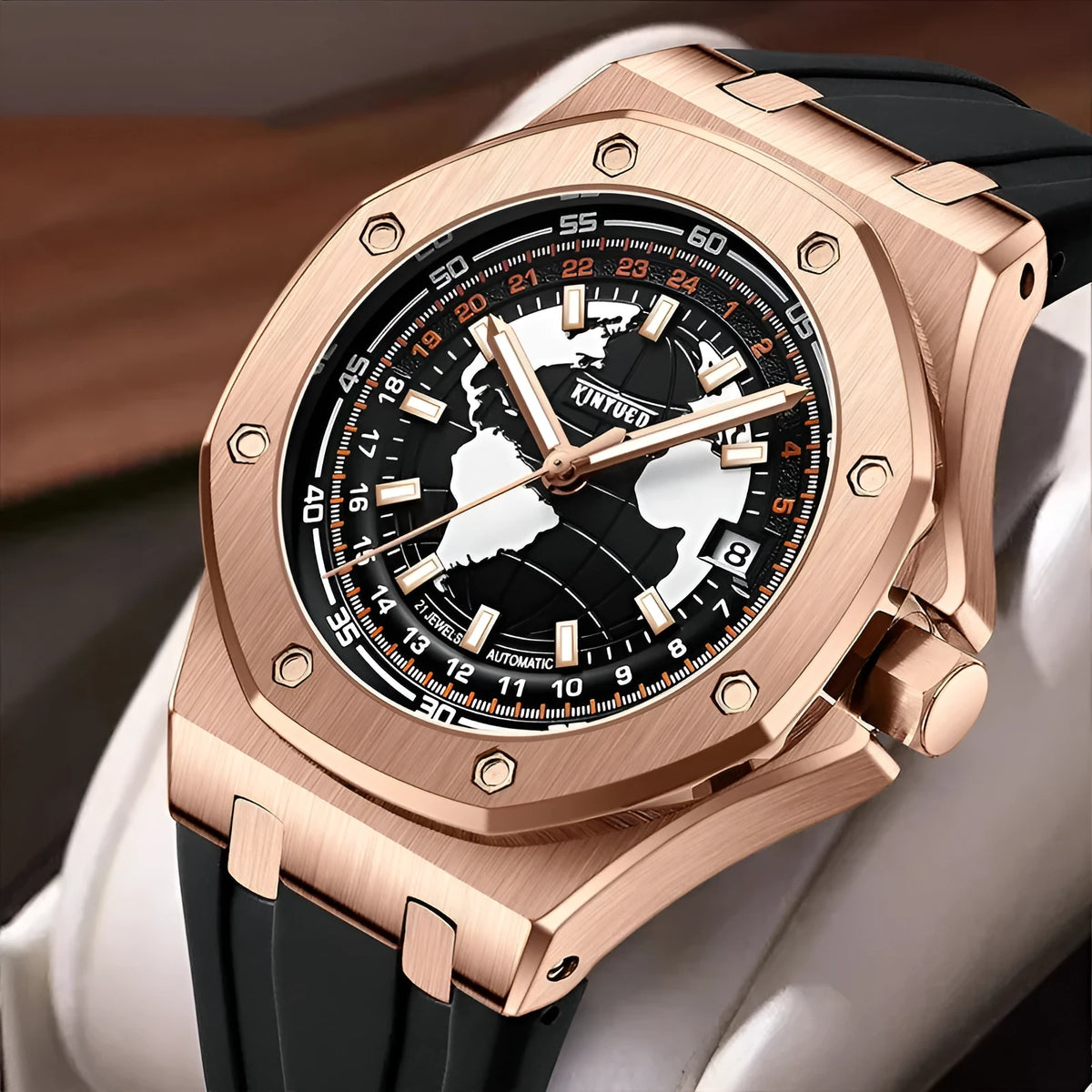 Automatic men's hollow mechanical watch with stainless steel strap, round alloy case, 30m waterproof, Black Blue Orange