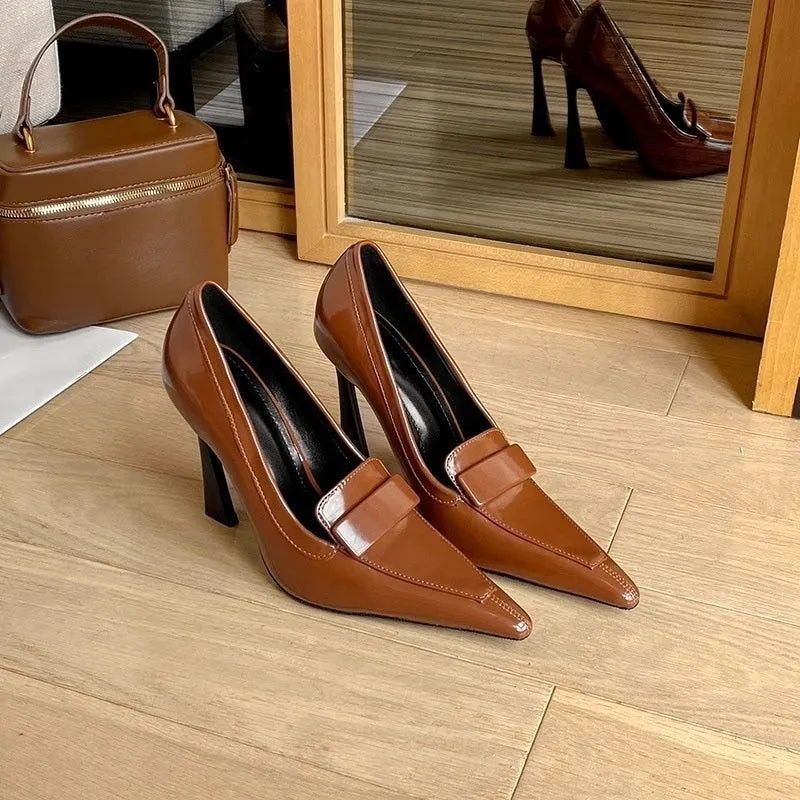 Women's Pointed Toe Stiletto High Heels Patent PU Leather Court Shoes with 6-8cm Tapered Heel in Black or Brown, Sizes 34-42 for Office and Commuting