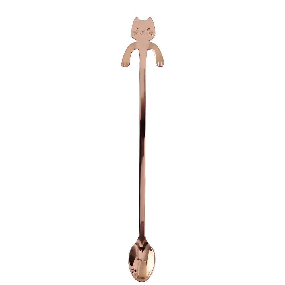 Stainless steel coffee spoon with cartoon cat handle design showing 11.7cm measurement scale