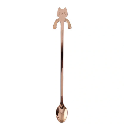 Stainless steel coffee spoon with cartoon cat handle design showing 11.7cm measurement scale