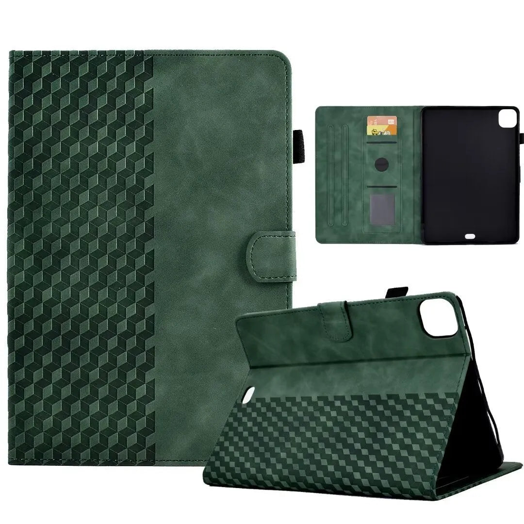 Diamond frosted leather iPad Pro 11 case with built-in card holder slots shown open.