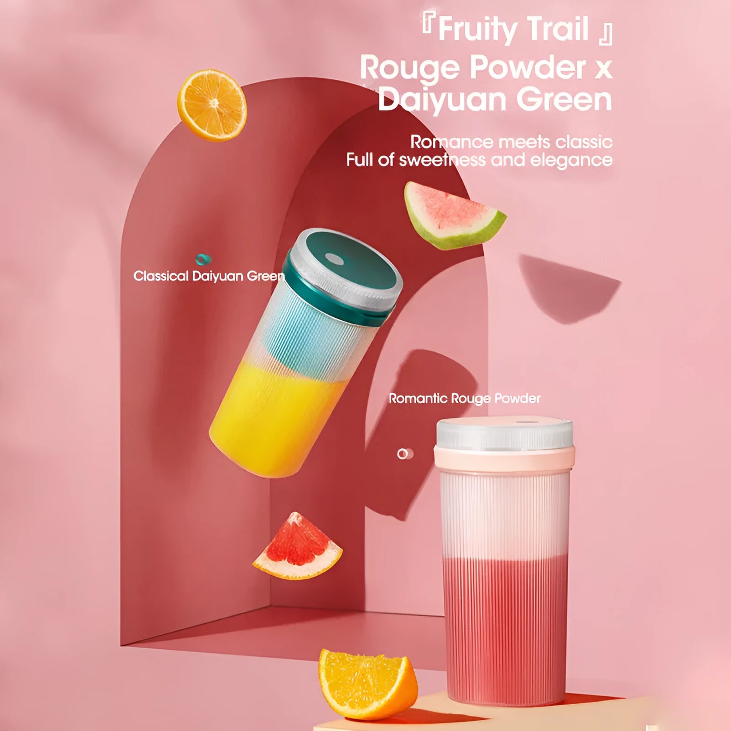 Portable USB rechargeable blender cup in blue, green, or pink with 300ml capacity and detachable blades
