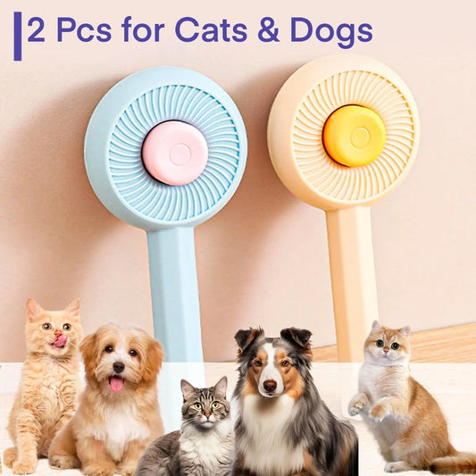 Blue and yellow self-cleaning pet grooming brush with angled metal needles and a push-button on the handle.