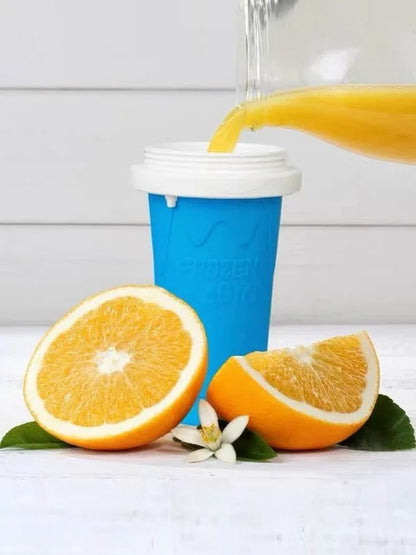 Blue quick refrigeration pinch cup showing double-layer construction with 10.6cm height and 20.6cm diameter measurements