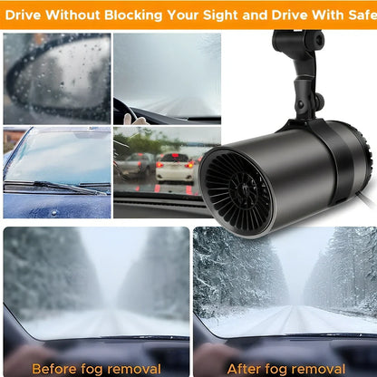 Black-grey 12V car windshield heater with suction cup mount measuring 15x7cm with 1.5m cable
