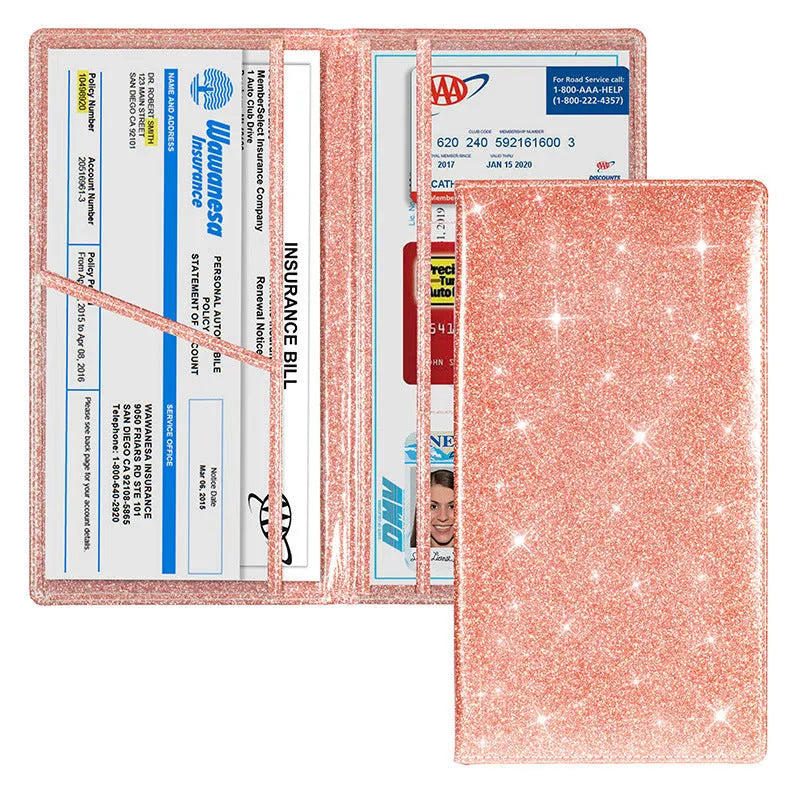 Purple PU leather car document wallet for holding a V5C registration document and insurance certificate.