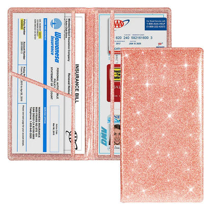 Purple PU leather car document wallet for holding a V5C registration document and insurance certificate.