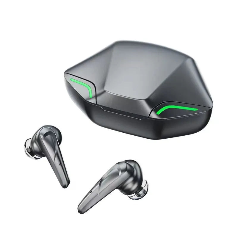 Wireless Bluetooth gaming headset in black colour with charging cabin, showing compact 22mm x 36mm x 25mm earpiece size