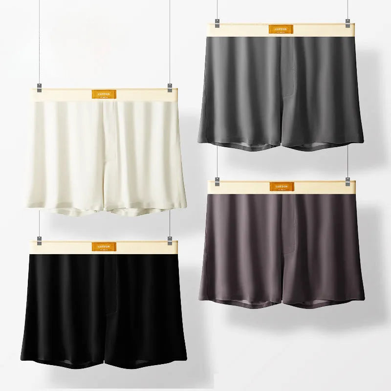 Men's loose-fit Ice Silk nylon underwear in a three-pack, showing colour options like black, green, and grey.