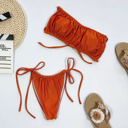 Nylon beach bikini in Caramel and Apricot colors, adjustable for A-D cup sizes